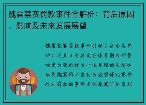 魏震禁赛罚款事件全解析:背后原因、影响及未来发展展望 魏震禁赛罚款事件全解析:背后原因、影响及未来发展展望