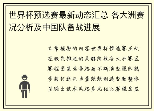 世界杯预选赛最新动态汇总 各大洲赛况分析及中国队备战进展